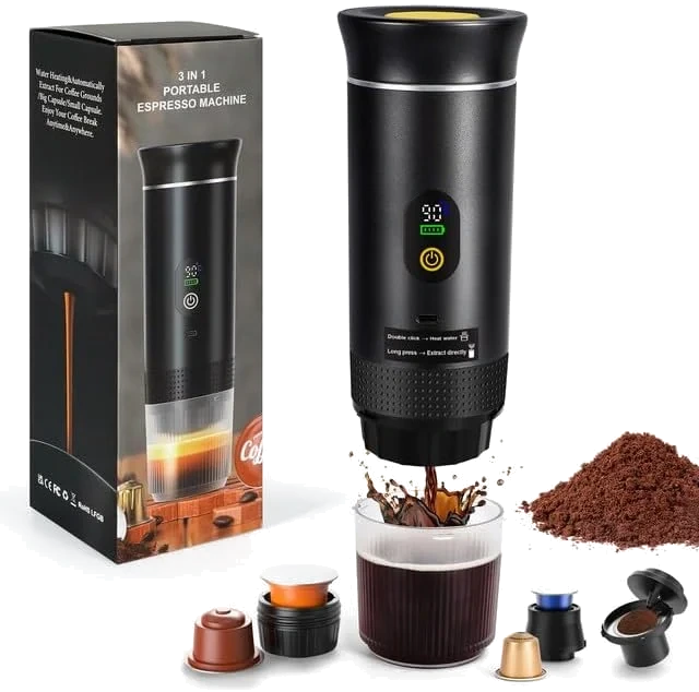 LAMA Mini Machine à café portable, électrique à capsules, compatible avec capsules et poudre, chauffage instantané pour camping, voiture, voyage, Noir