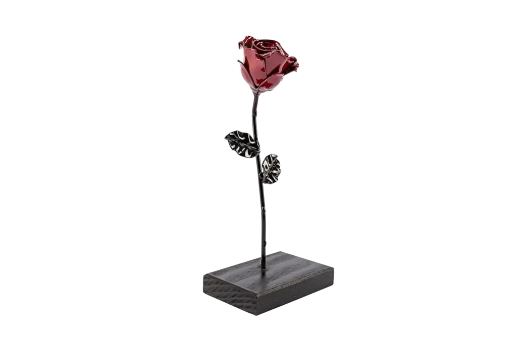 Forging Art Bcn® Rose Éternelle en Fer Forgé à la Main avec Piédestal - Cadeau de Saint-Valentin, Fête des mères, Anniversaire de Mariage, Noces de Fer (Rouge/Noir avec Socle)