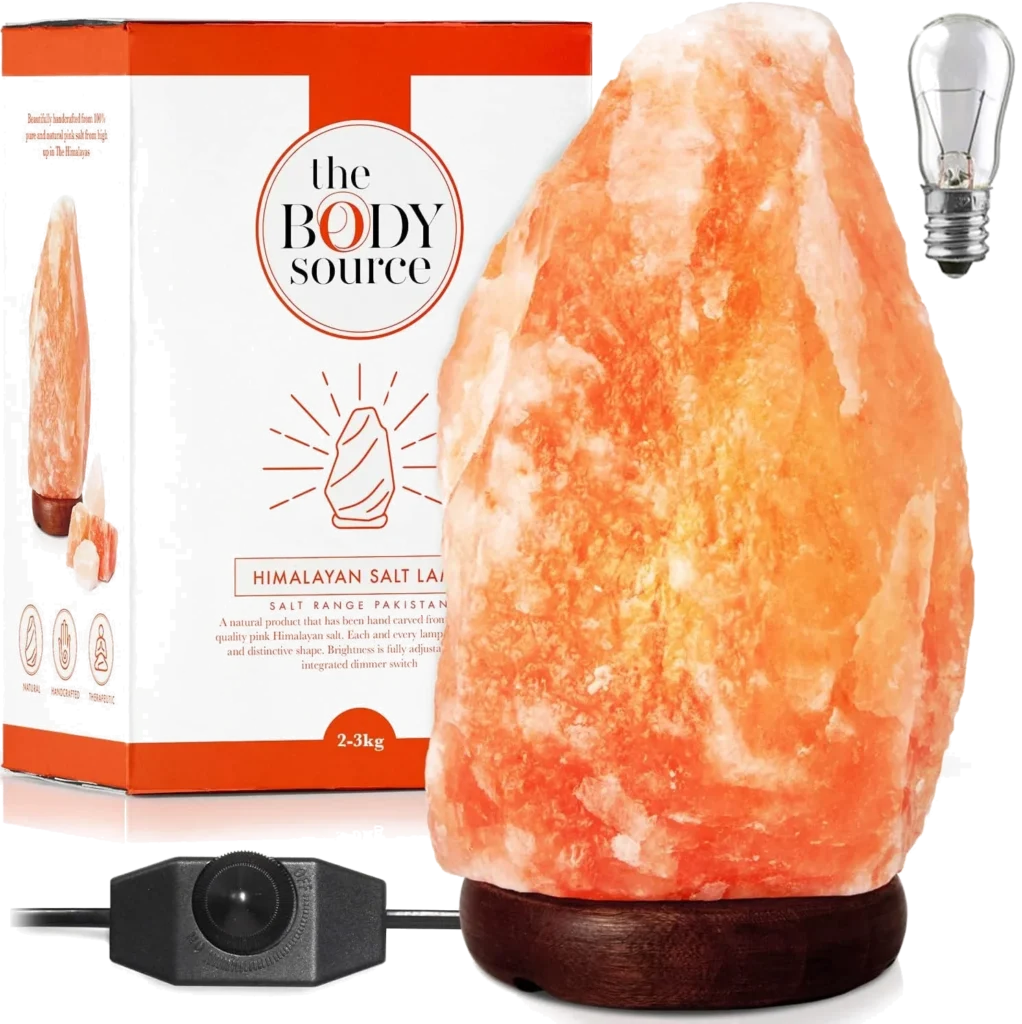 the body source Lampe en Cristal de Sel de l'Himalaya Bouton de réglages d’intensité - Entièrement Naturelle - Fabriquée à la Main avec Base en Bois, 3-5kg