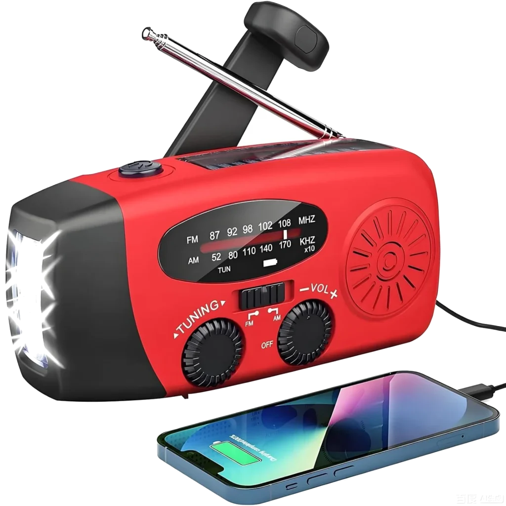 Radio Solaire d’Urgence, Radio à Manivelle Auto-alimentée avec Lampe de Poche LED, Météo AM/FM/WB avec Batterie Rechargeable 2000mAh pour Le Chargement d’Urgence du Téléphone Intelligent