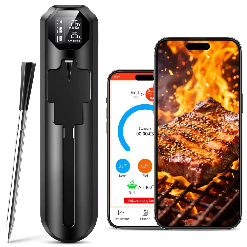 maxtachi Thermomètre Cuisine Sans Fil, Double Capteur Thermometre Cuisson avec App, 150m Sonde Temperature Cuisine Bluetooth avec Minuterie et Alarme, Thermometre pour BBQ,Grill,Fumoir,Four,Sous Vide