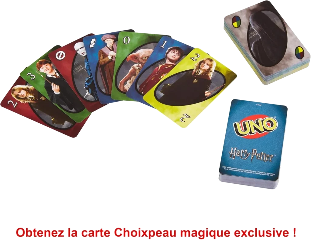 Mattel Games UNO Harry Potter, Jeu De Cartes Familial pour Enfants Et Adultes, Jeu De Société pour Soirée Jeux en Famille Ou en Voyage, 2 À 10 Joueurs, Jouet pour Enfant de 7 Ans et Plus, FNC42