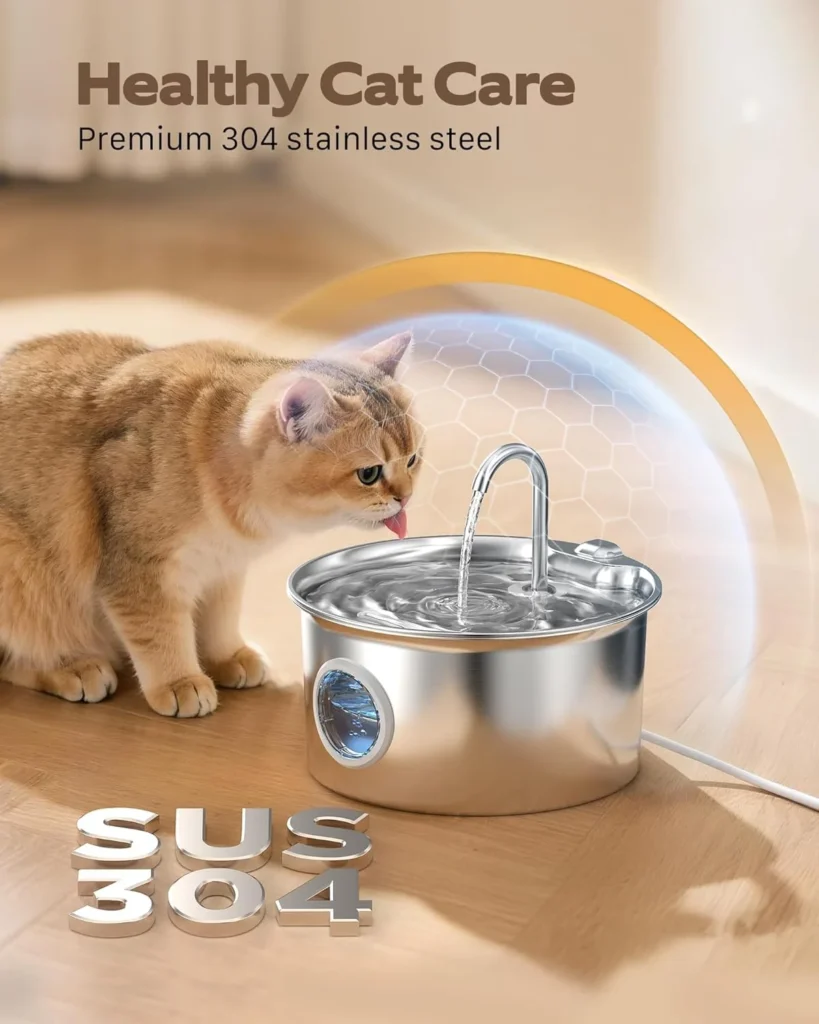 Fontaine a Eau Chat INOX: Fontaine à Eau pour Chat Acier Inoxydable Automatique avec Fenêtre de Niveau d'eau - 2,6L Silencieuse Distributeur d'eau Électrique avec Robinet pour Petits Chiens