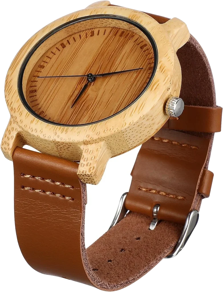 PartyKindom Montre à quartz pour homme faite à la main avec bracelet en cuir véritable et bois de verawood