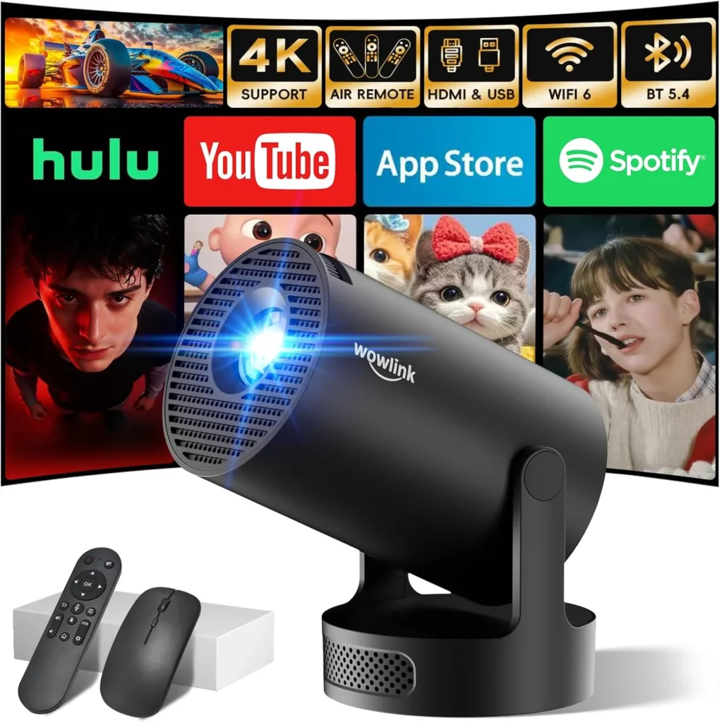 [Apps intégrées & 2026 Upgraded] Vidéoprojecteur avec WiFi 6 et Bluetooth 5.4 Mini Projecteur Supporte 4K 1080P Auto Keystone Rotation 180° Compatibile avec HDMI/TV Stick/Memory Stick/Laptop, Noir