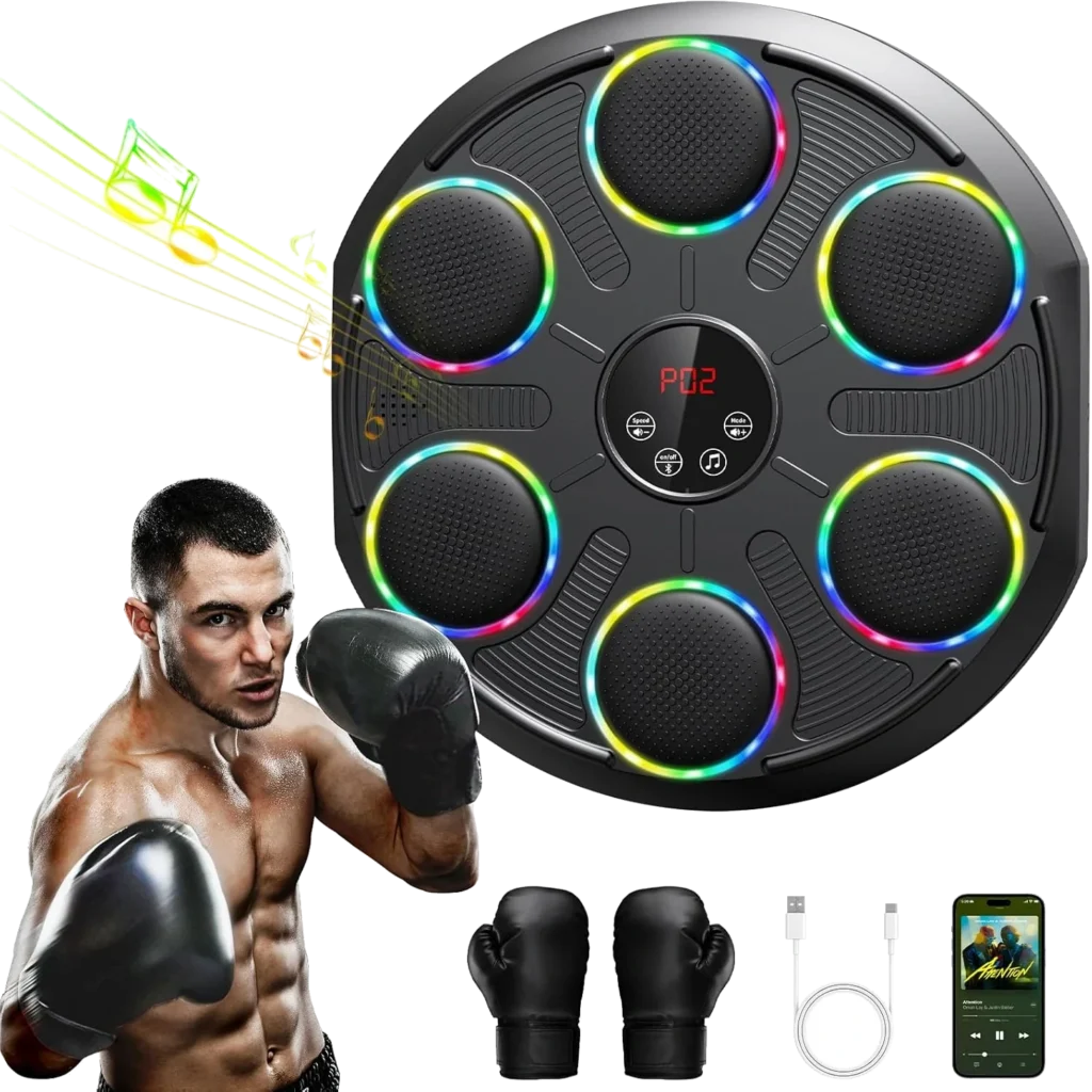 Machine de Boxe Musicale, Grand Modèle Mural Professionnel de Boxe avec LED Dynamique et Gants, Bluetooth Smart, 12 Vitesses et Mode, pour Adultes et Enfants, Intérieur et Salles de Sport, Noir