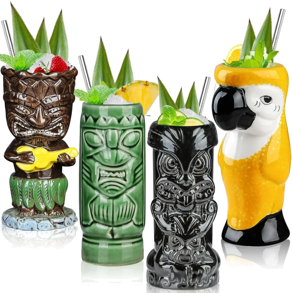 Lot de 4 Verres Tiki en Céramique pour Cocktails - Tasses Tropicales Hawaïennes pour Fête Créative, Grand Bar - Qualité Supérieure